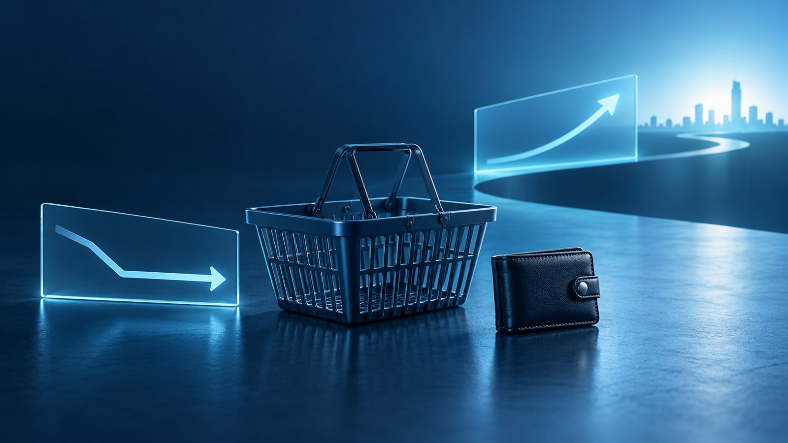 Conceptual shopping basket and wallet between contrasting directional arrows, illustrating current buying conditions and future expectations rather than measured data.