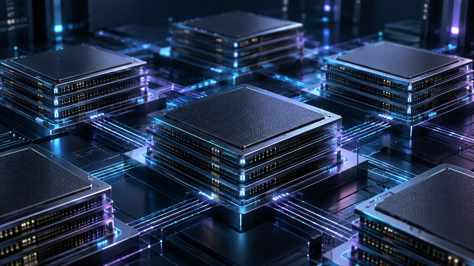Concept illustration of layered memory modules and luminous cyan data pathways; not an actual Micron product or financial chart.