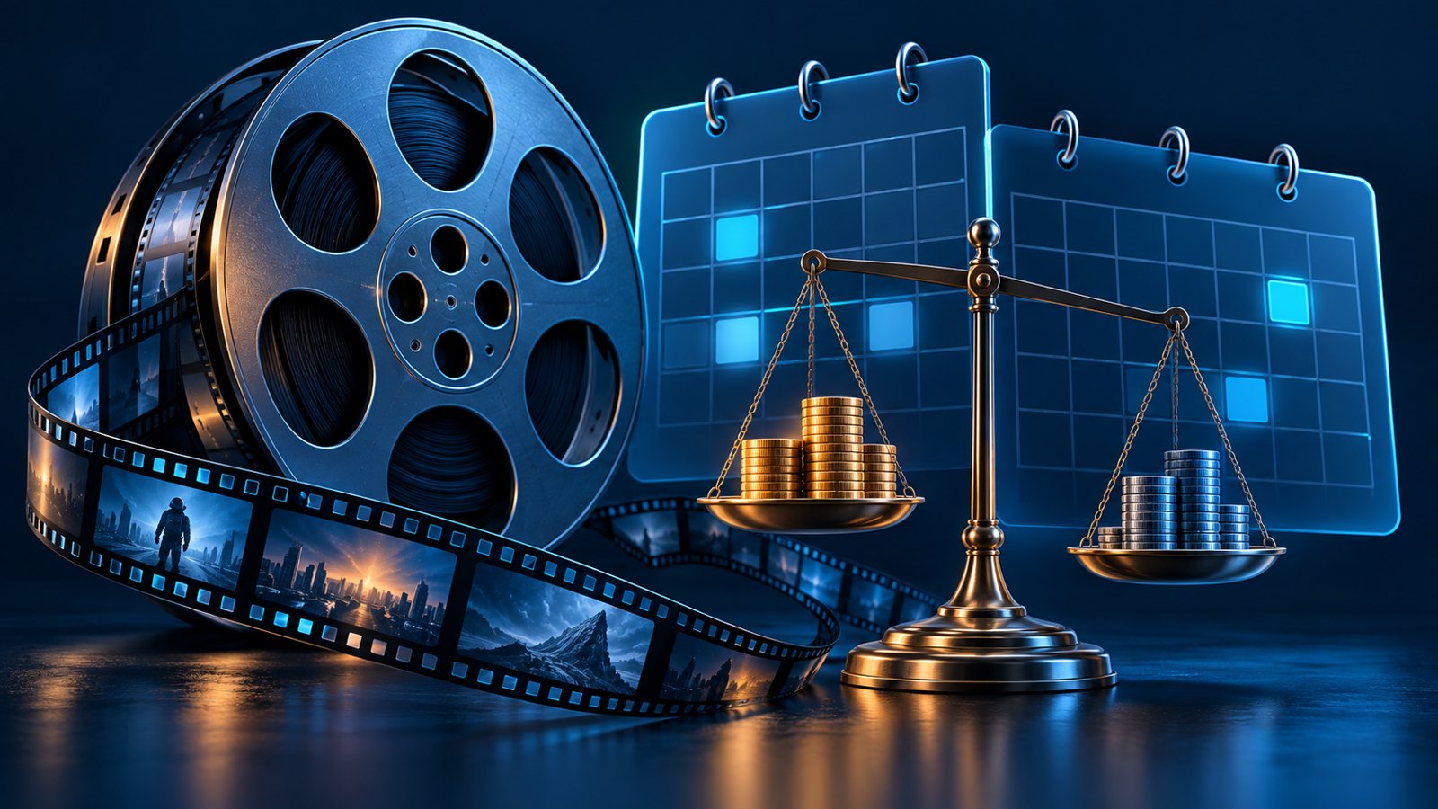 Conceptual film reel beside staggered calendar panels and a balance scale illustrating streaming expenses across quarters