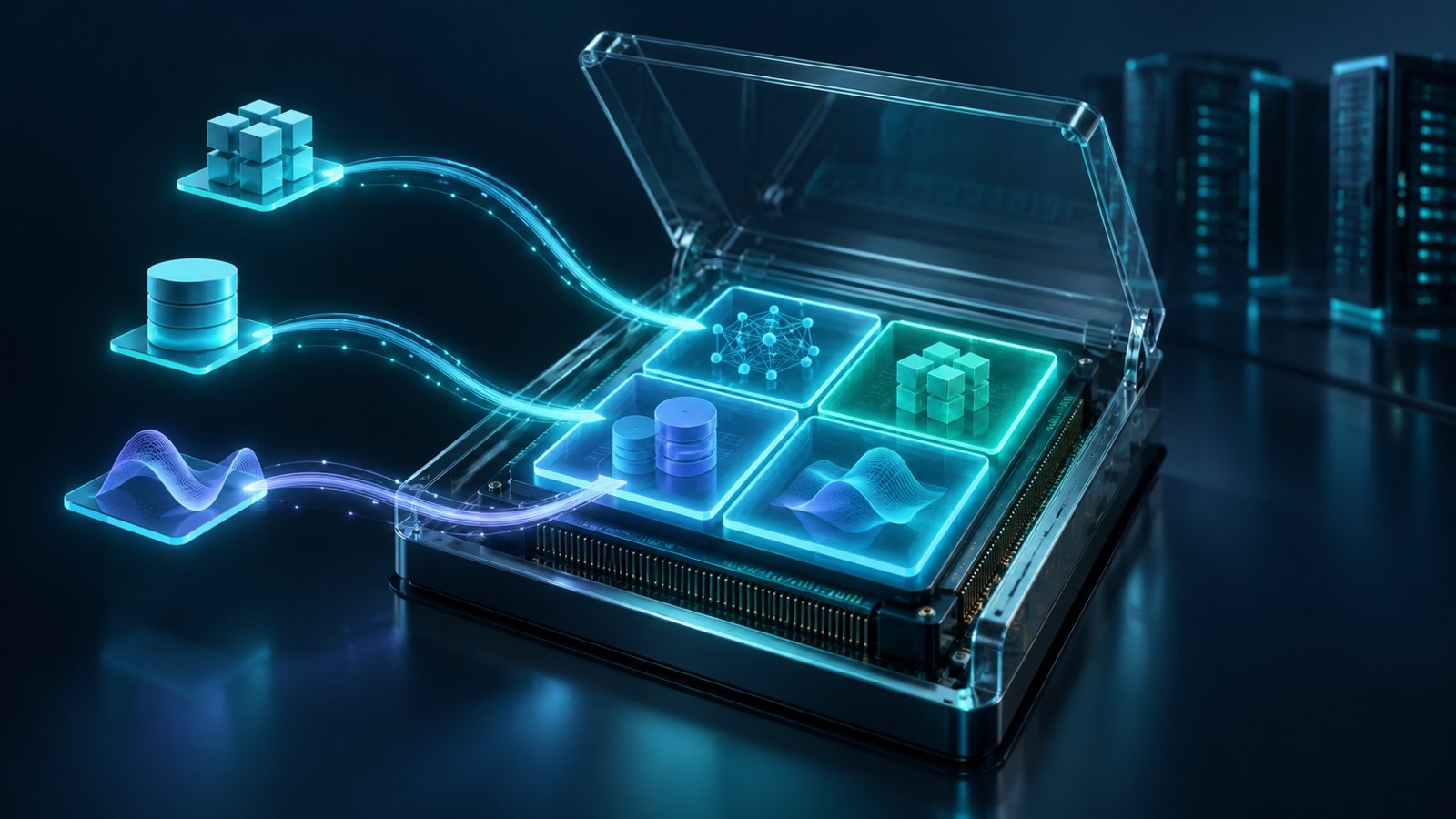 Conceptual illustration of several workloads sharing compartments on a GPU beneath an open transparent enclosure.