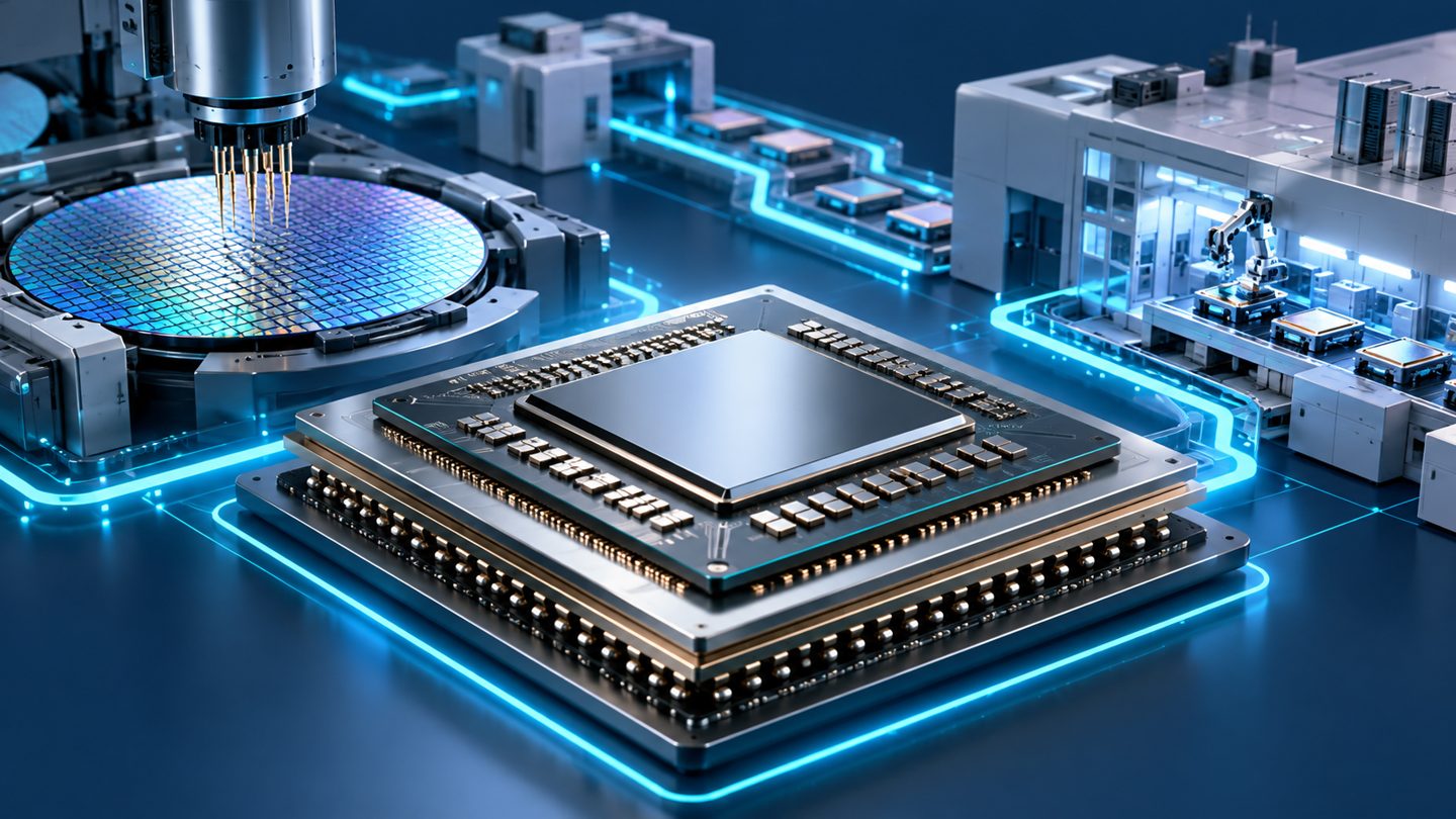 Conceptual illustration of a semiconductor package connected to testing equipment and manufacturing facilities