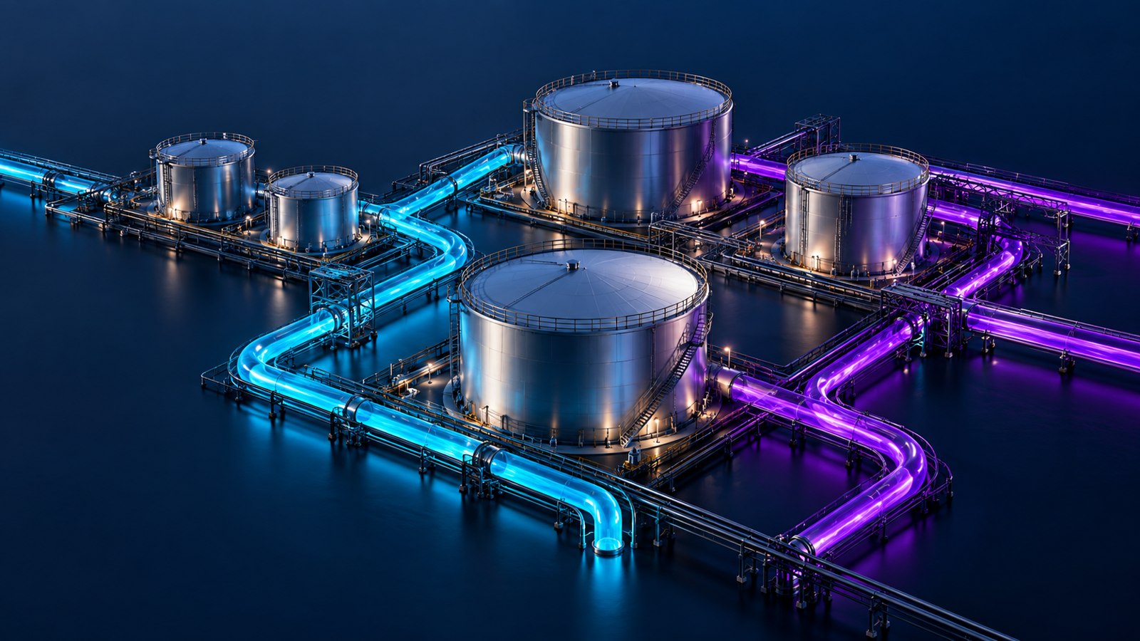 Conceptual refinery storage tanks with separate cyan and violet product channels, an editorial illustration rather than a photograph of a specific facility.