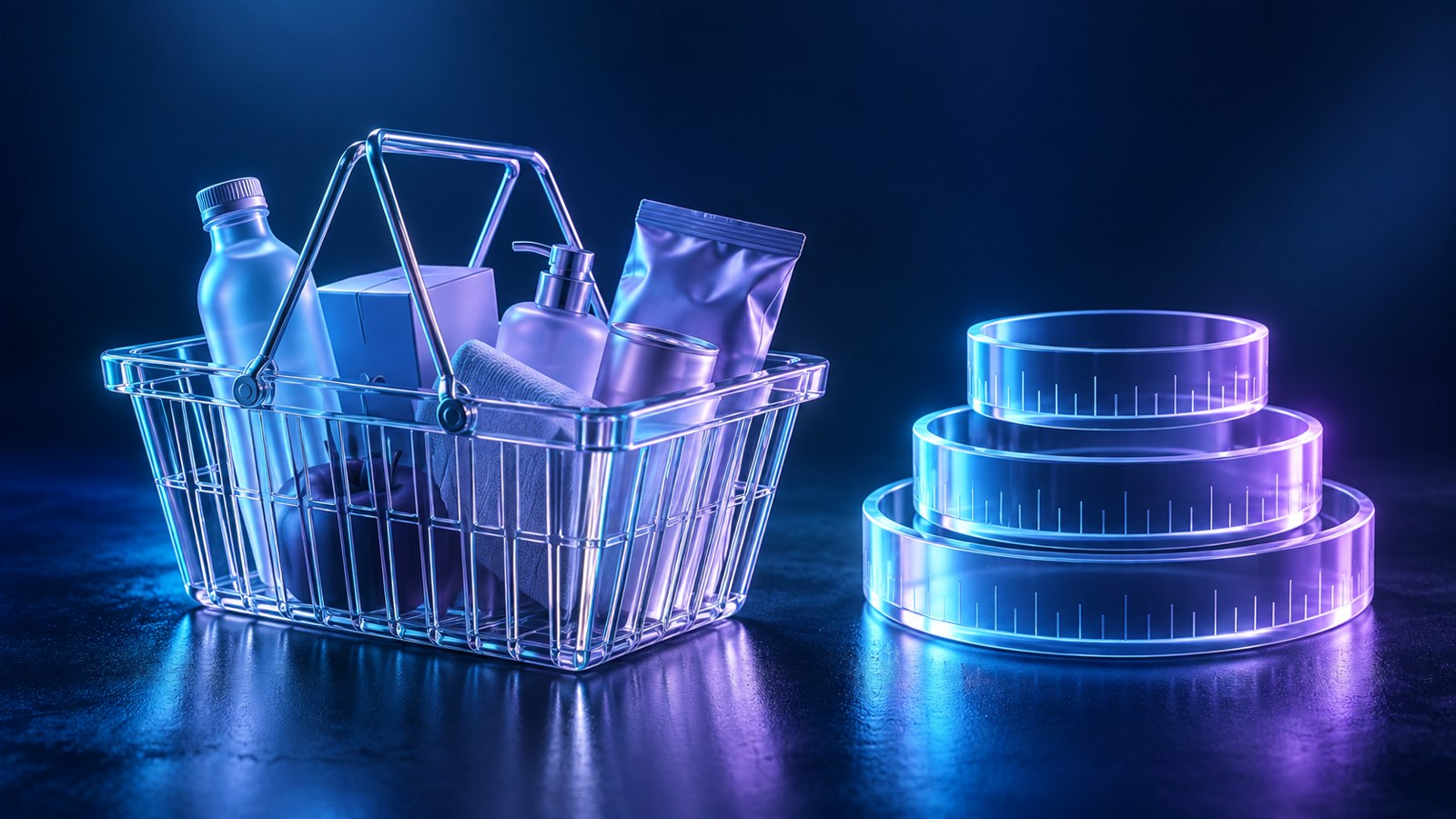 Conceptual editorial illustration of a translucent shopping basket beside luminous measurement rings; not actual consumer-price data.