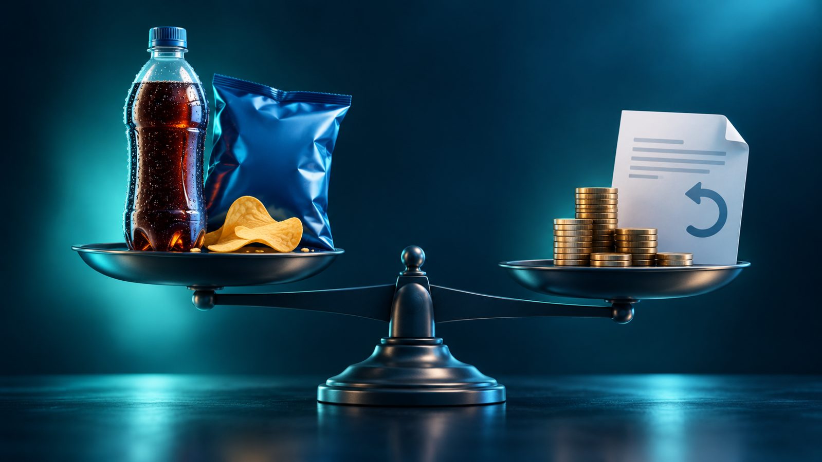 Conceptual balance scale weighing an unbranded beverage and snack bag against coins and a refund document.
