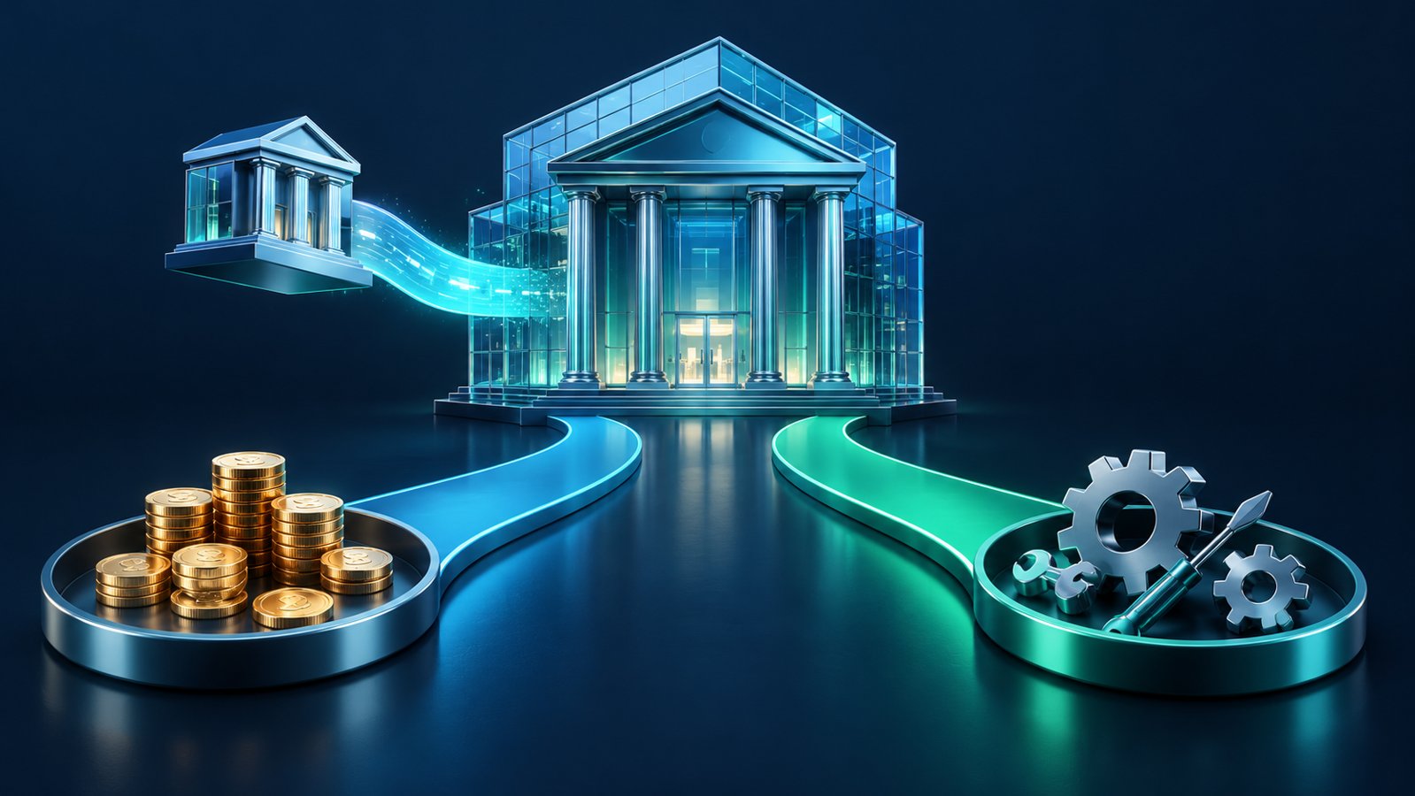 Conceptual glass bank with a smaller bank module joining it and two cyan paths leading toward a coin tray and a tools tray.