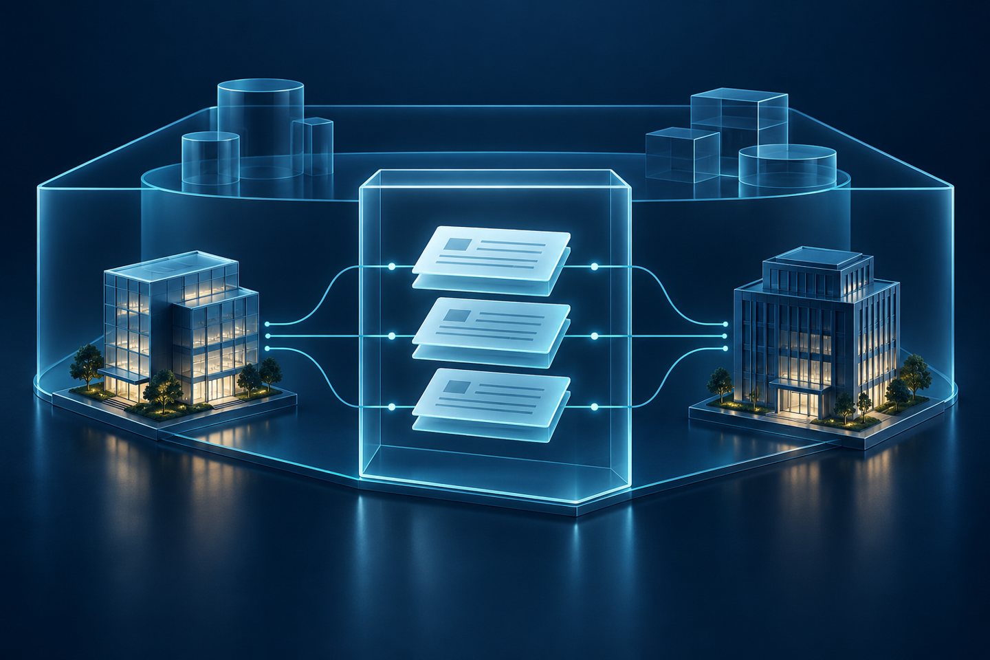 Illustration of loan documents inside a transparent ledger connected to business buildings, with a wider frame representing fund assets.