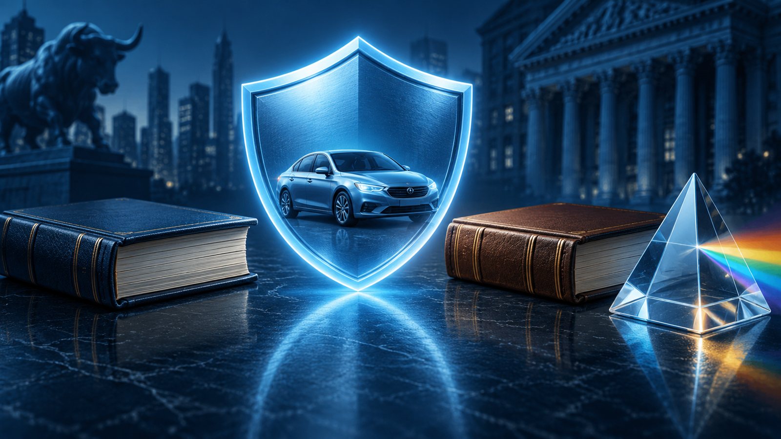 Conceptual illustration of a car protected by an insurance shield between two ledgers and a glass prism.