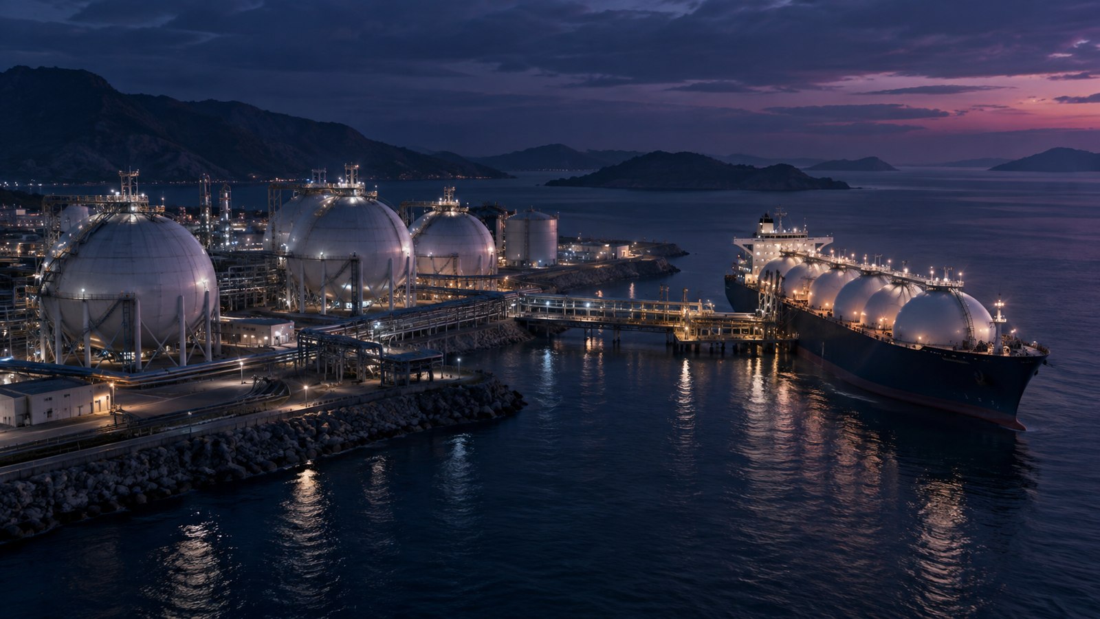 Conceptual propane export terminal with spherical storage tanks and a gas carrier illuminated in navy and cyan at dusk.