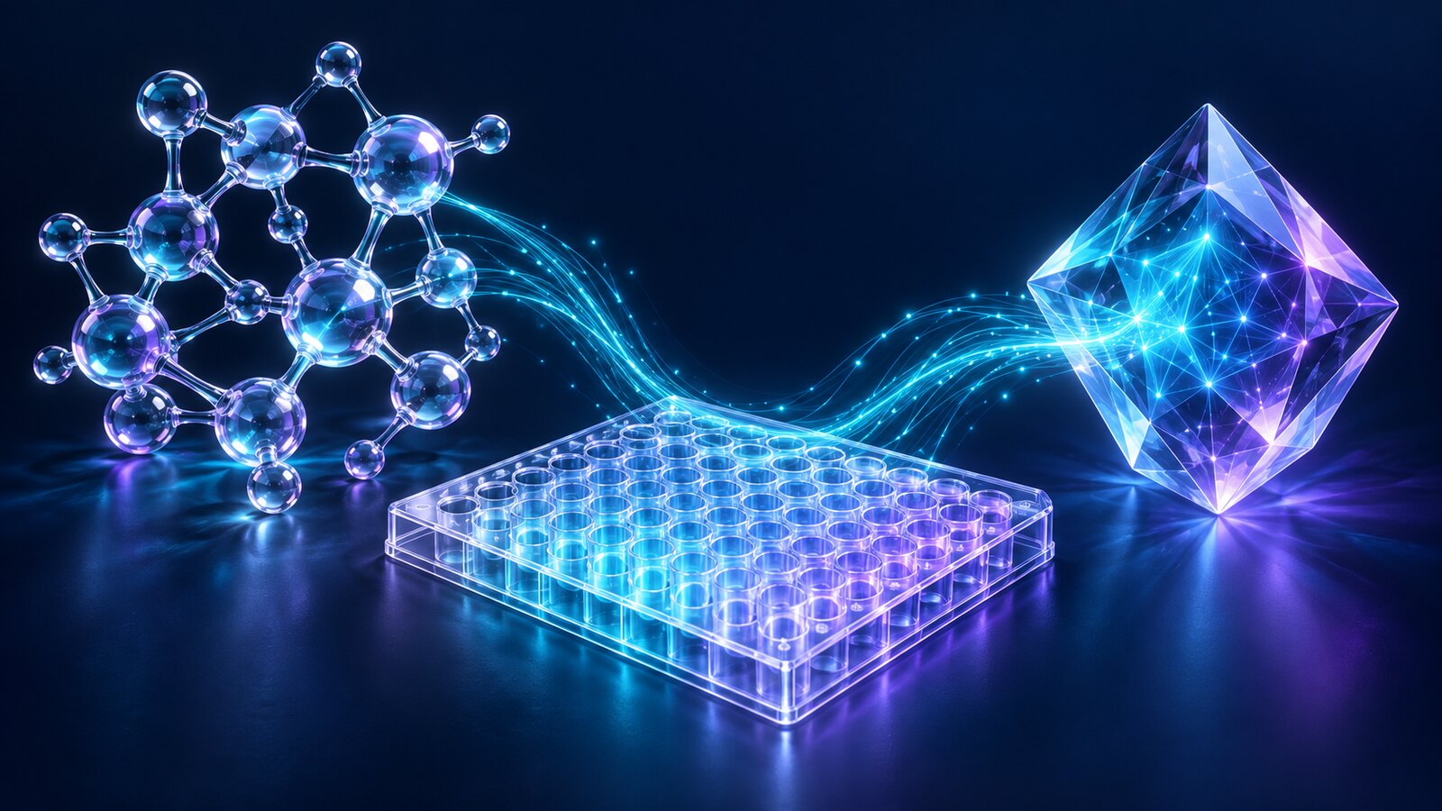 Conceptual molecular glass lattice and laboratory well plate linked to a glowing computing crystal; editorial illustration, not an actual Quine experiment.
