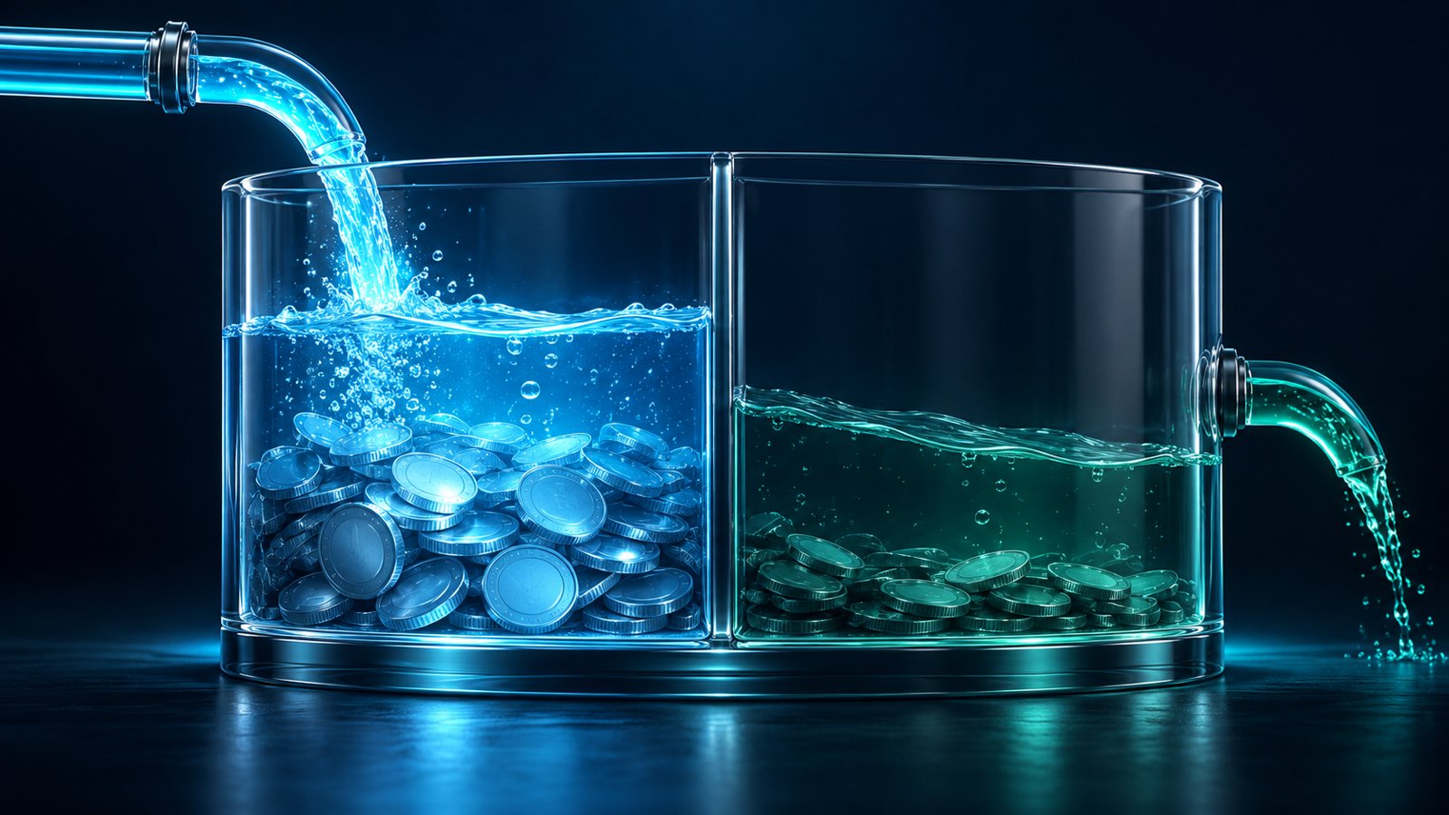 Conceptual divided glass cash reservoir with separate cyan and teal compartments, illustrating different components of brokerage customer cash.