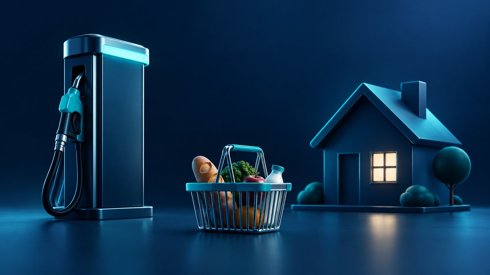 Conceptual illustration of a fuel pump, house and grocery basket representing energy, shelter and household purchasing power.