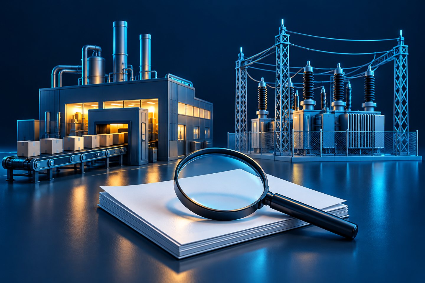 Conceptual illustration of a factory and electricity substation beside a magnifying glass over a plain report.