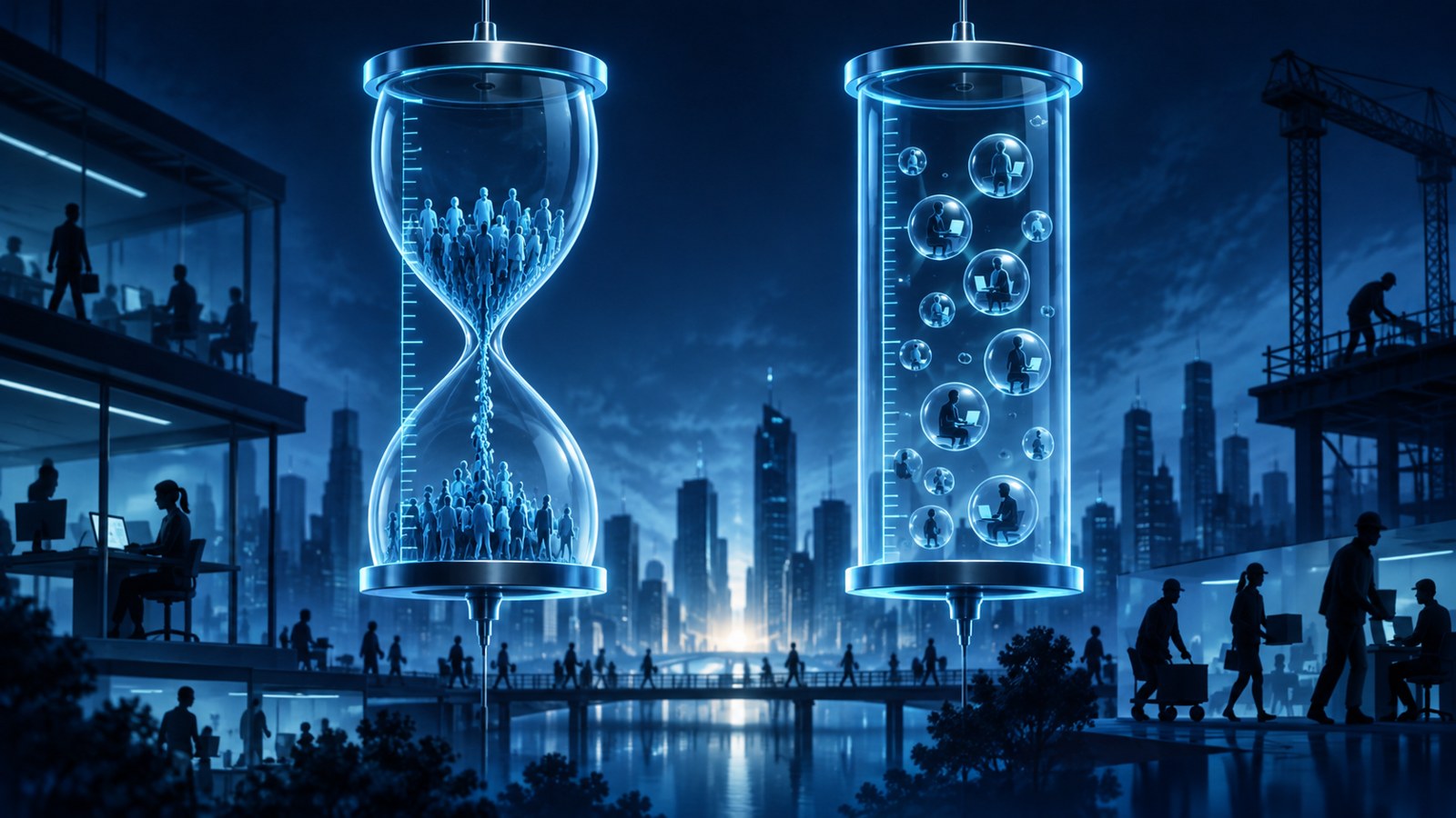Conceptual blue glass measuring instruments above an abstract workplace skyline, illustrating two distinct labor-market measures; not actual data.