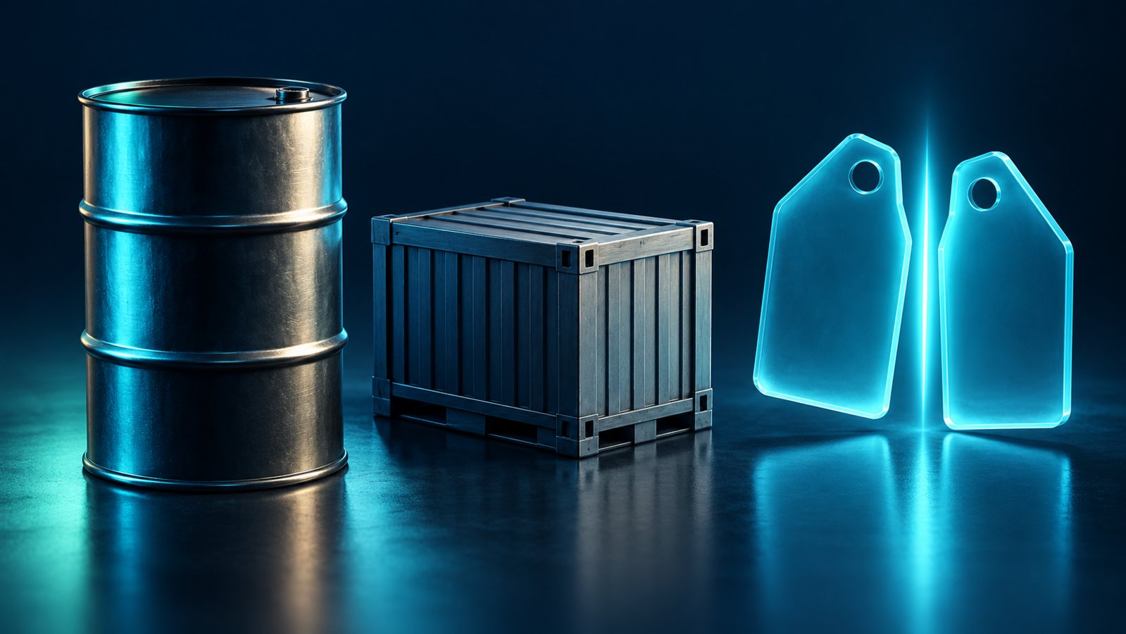 Conceptual navy and cyan illustration of a fuel barrel, freight crate and separated price tags representing producer costs and distribution margins.