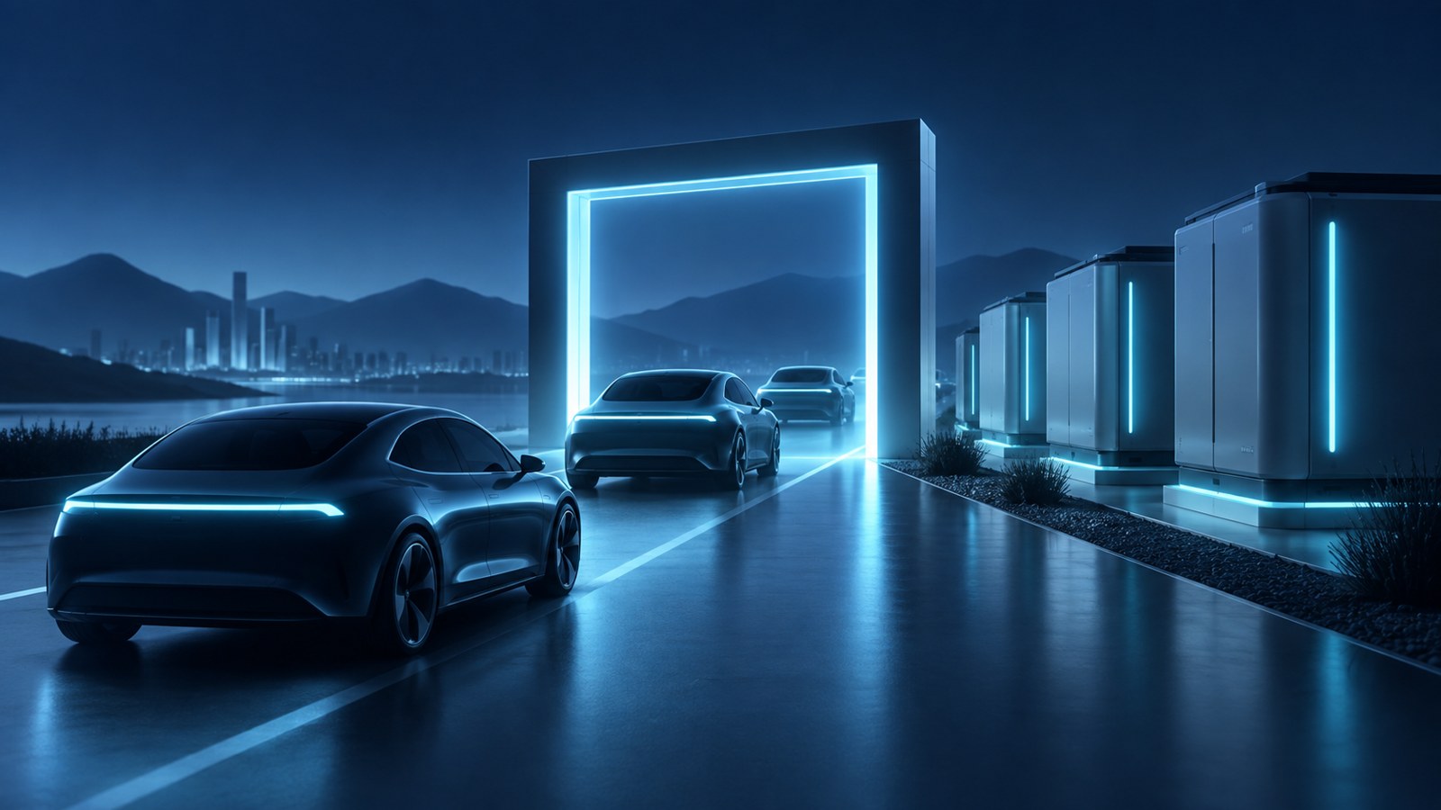 Conceptual electric vehicles passing through a blue illuminated gate beside battery modules; not an actual Tesla facility or production data.