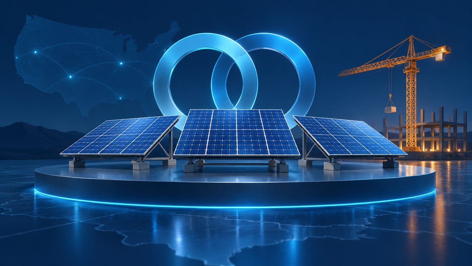 Conceptual illustration of solar panels, interlocking partnership rings and a construction crane in blue light.