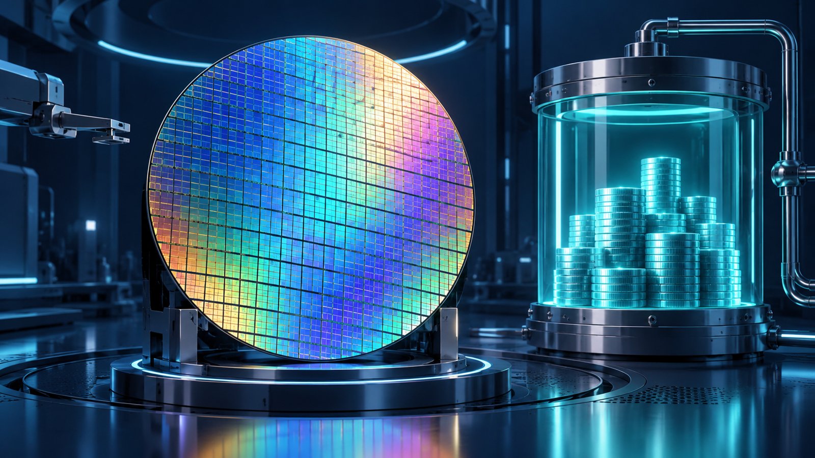 Conceptual illustration of a silicon wafer beside a cyan cash-reserve vessel in a dark fabrication chamber.