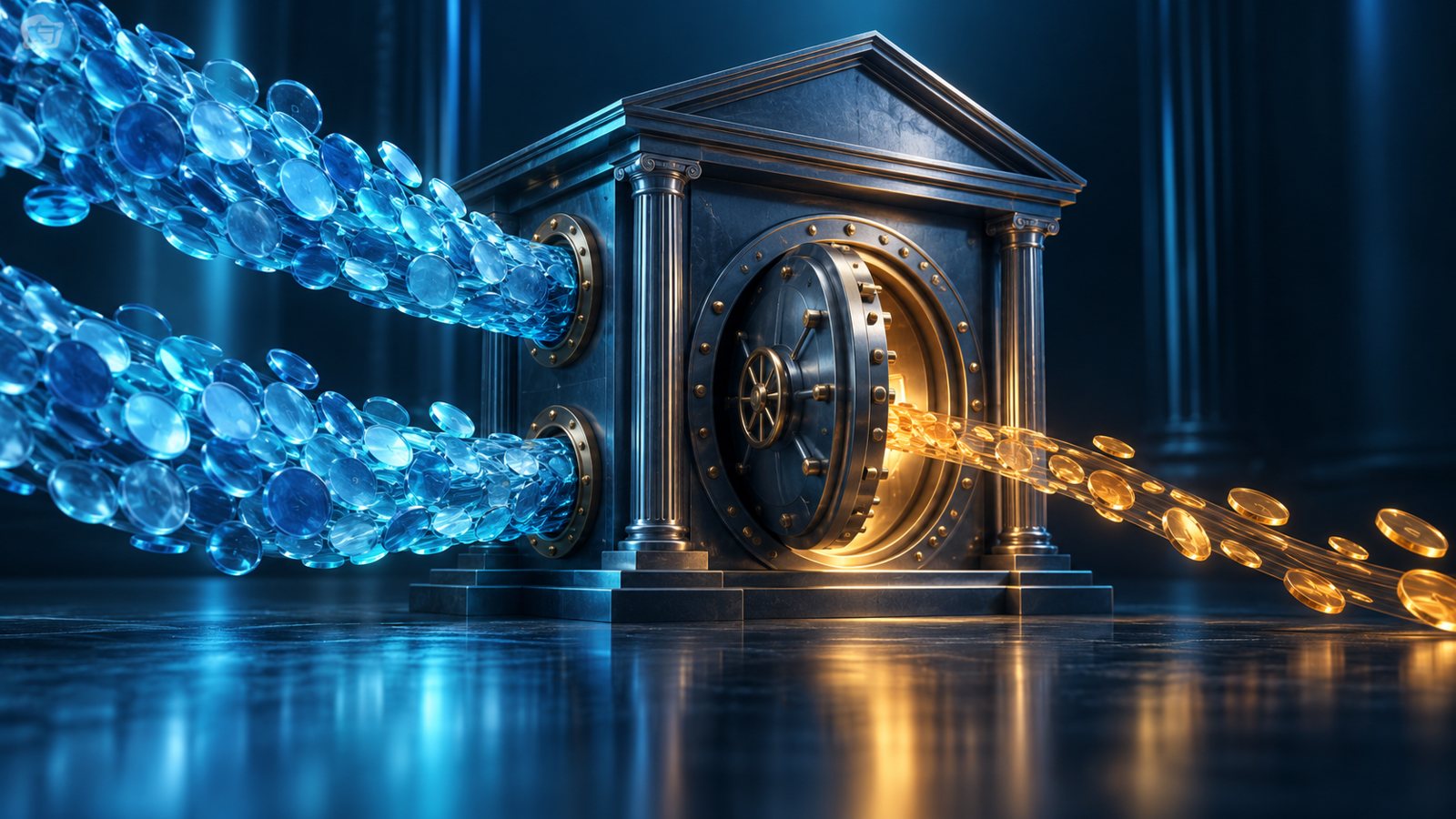 Conceptual bank vault receiving blue streams of coins and releasing a narrower amber stream, illustrating funding growth and income conversion.