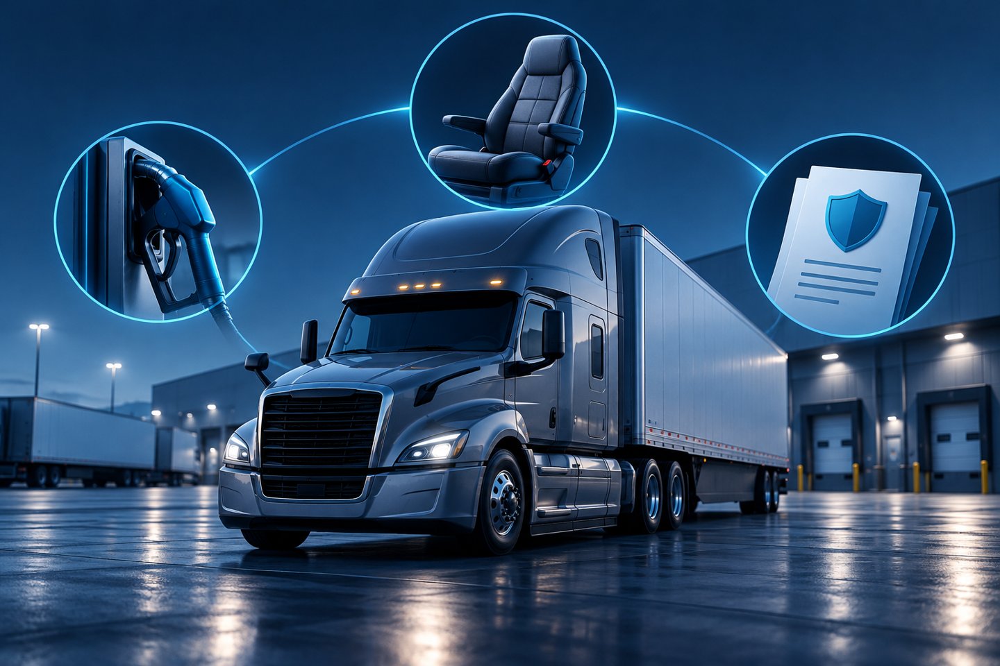 Conceptual truck illustration with fuel pump, driver seat and insurance document symbols representing operating costs.