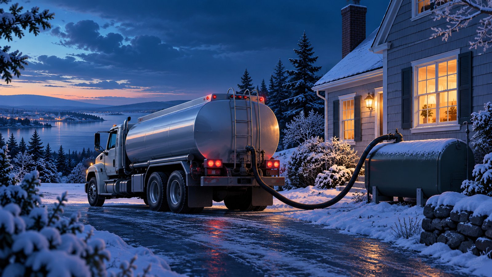 Conceptual illustration of a heating oil delivery truck beside a frosted house and an exterior fuel tank.